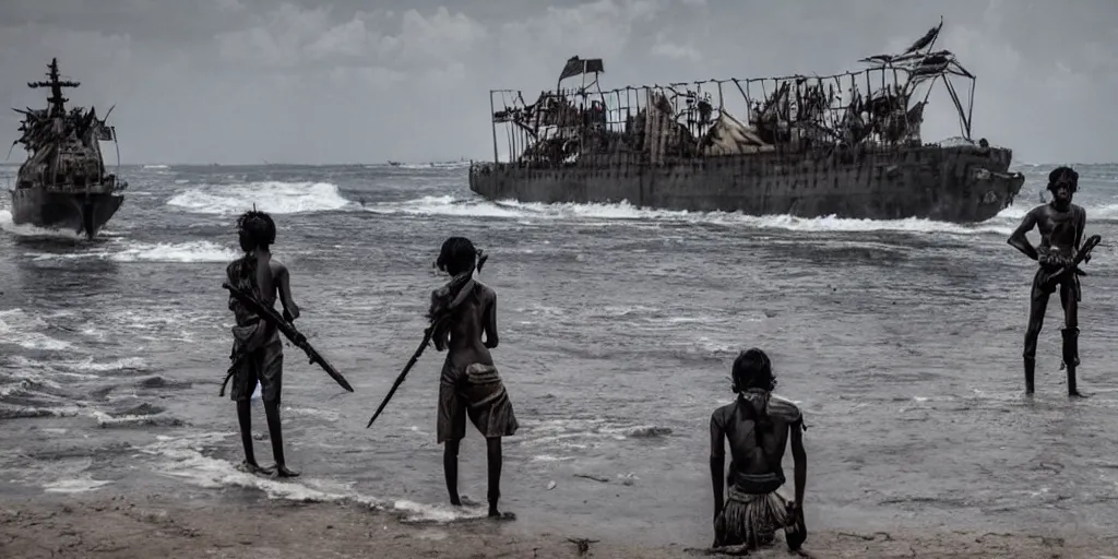 Image similar to sri lankan mad max style, ocean ship, film still, epic shot cinematography, rule of thirds