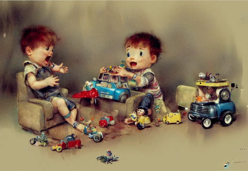 Prompt: toddler ( ( ( ( ( 1 9 5 0 retro future living room. muted colors. toys laying around ) ) ) ) ) by jean baptiste monge, chrome red