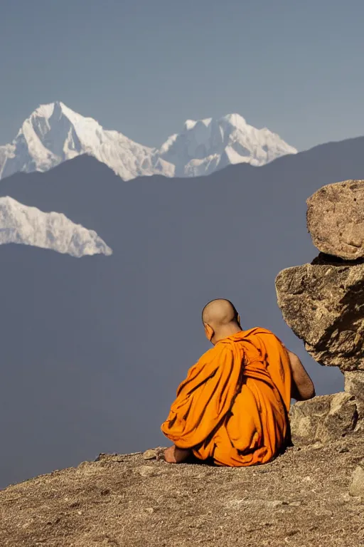 Prompt: A monk with his back to the camera sits beside a rock on a distant top of the mountain, looking at the snowy Himalayas in the distance, yellow clothes,faith,piety,4k, realistic,photography,landscape,high contrast,ISO100,300mm,trending on artstation.