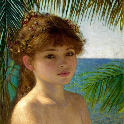 Image similar to a ultradetailed beautiful painting of a girl in the amazonas palace balustrade designed by jules bastien - lepage, hans belmer, frank weston and gustave baumann, beach, trending on artstation, mediterranean, palm trees, detailed face, sharp focus, soft light, 8 k 4 k