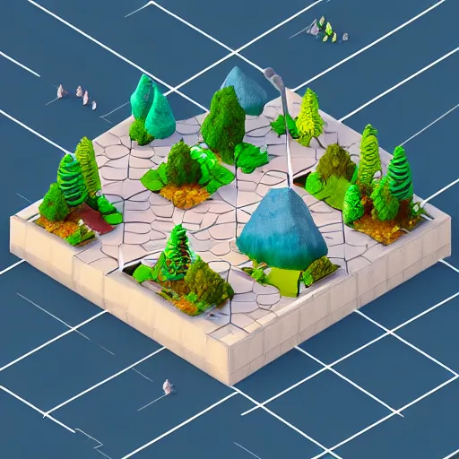 Prompt: isometric game art outdoor world with grid that separates isnalnds, lights with bloom, trending on artstation, mohamed chahin style, vray render with ambient lights and volume 4 k