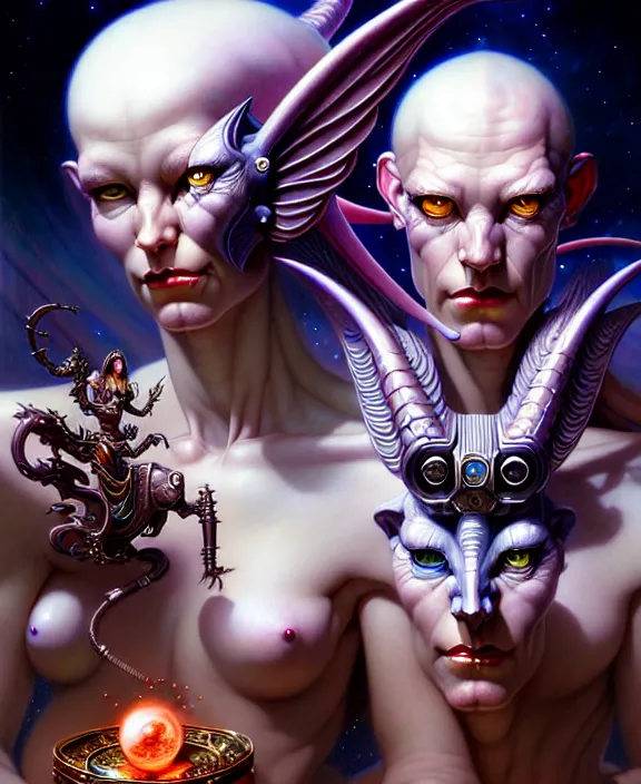 Image similar to beautiful gemini good and evil fantasy character portrait, ultra realistic, wide angle, intricate details, the fifth element artifacts, highly detailed by peter mohrbacher, hajime sorayama, wayne barlowe, boris vallejo, aaron horkey, gaston bussiere, craig mullins