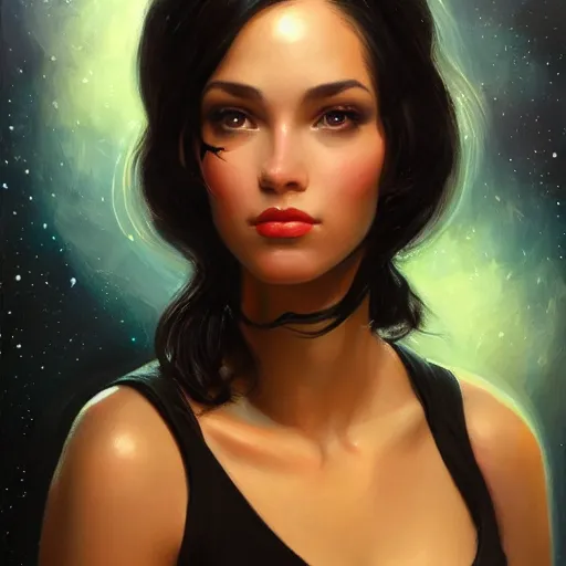 Image similar to a portrait of a very beautiful woman in a spacesuit, Alexandria\'s genesis, shoulder-length black hair, bored, illustration, soft lighting, soft details, painting oil on canvas by mark arian by artgerm, trending on artstation, 4k, 8k, HD