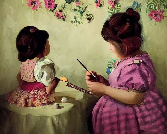 Image similar to very stylized old photo portrait of a fat sweet little girl painting a doll on the wall, full body. long shot. beautiful hands, flowery cloth. subsurface scattering shiny skin. beautiful lighting, 4 k post - processing, trending in art station, cg society, highly detailed, 5 k extremely detailed, 3 d. cinematic scene. sharp details. bokeh