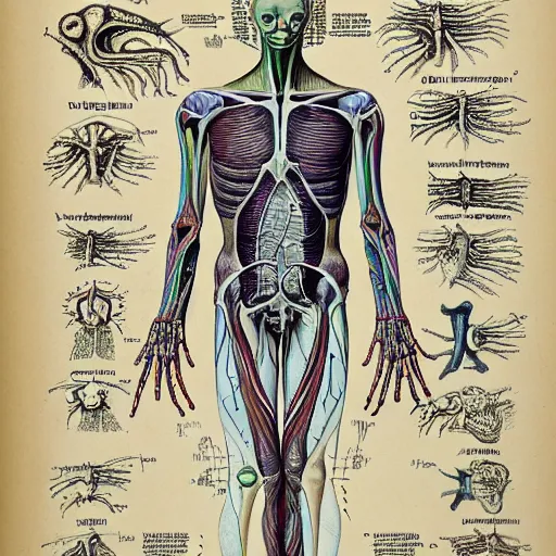 Image similar to an alien species, anatomical diagram, labeled body parts, from all tommorrows, by c. m. kosemen