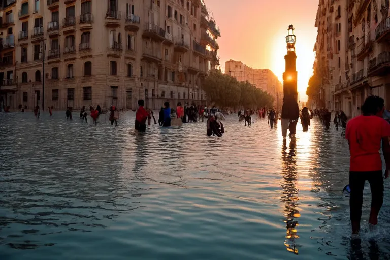 Image similar to views of catastrophic barcelona covered with water and refugees in buildings, global warming, sunset lighting, photo real