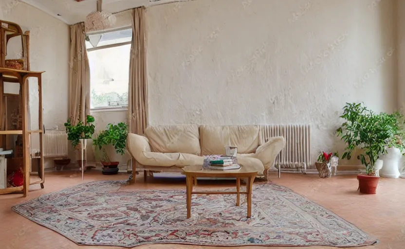 Image similar to living room interior, old beige walls, brown tiled floor, one wall with bricks, white plastic garden chairs, ashtray, stained beige deep pile rug, 1990s oak wood furniture