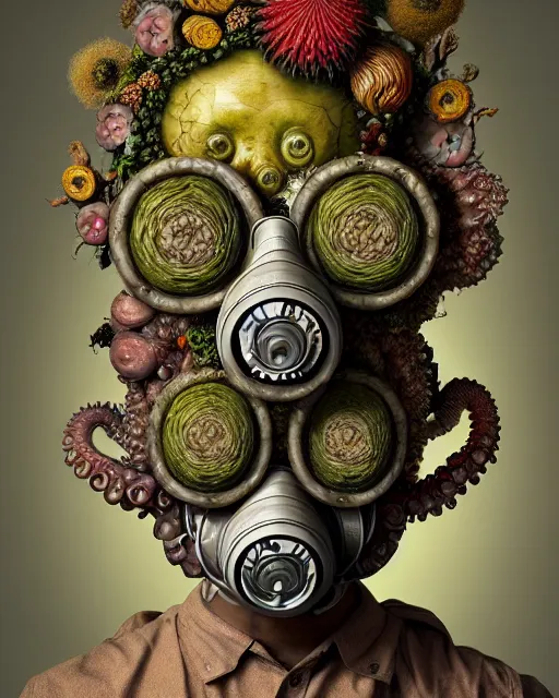 Image similar to a biomorphic portrait with with large eyes, expressive, wearing a botanical gas mask by arcimboldo, baroque painting by ayami kojima, mark ryden, cephalopod, mixed media 3 d collage, focus on head, soft light, 4 k, octane high quality render