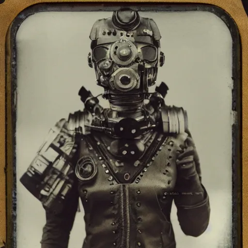 Image similar to tintype photographs of techno shamans, telepaths, dieselpunk cyborgs, masked heroes, irradiated humans, ancient ones, mystic monsters, and monster hunters