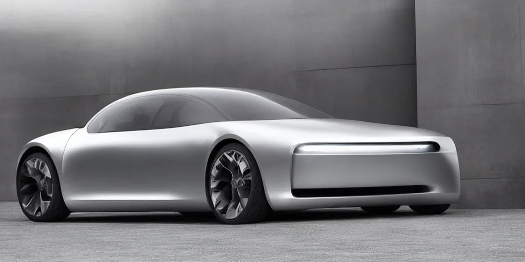 Image similar to a futuristic minimal silver sports car sedan designed by Apple, Jonny I’ve and Steve Jobs.