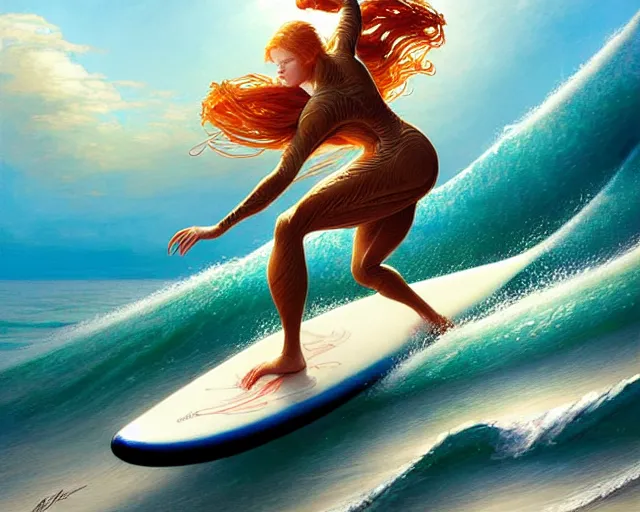 Prompt: beautiful ginger surfer is surfing on a surfboard in a sea of pasta, art nouveau, fantasy, intricate pasta waves, elegant, highly detailed, sharp focus, action art by artgerm and greg rutkowski and wlop