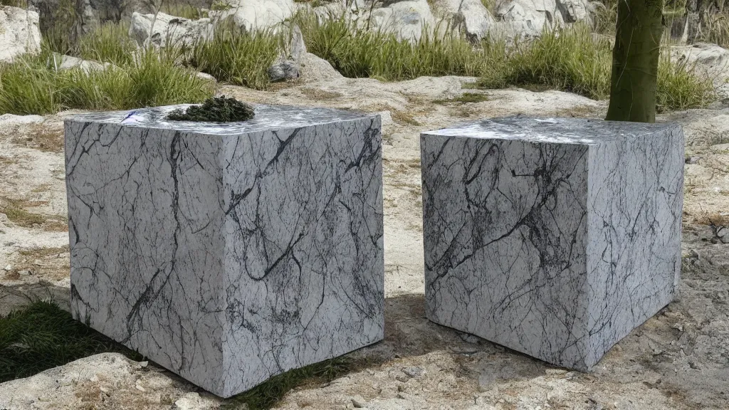 Image similar to marble sculpture cubical pinafore cube ( s ) in nature with roots grabbing it