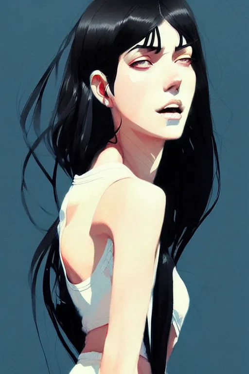 Image similar to a ultradetailed beautiful painting of a stylish woman with a white tank top, she has black hair with bangs, by conrad roset, greg rutkowski and makoto shinkai trending on artstation