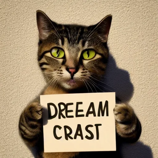 Prompt: realistic high quality photo of a cute cat holding a sign with text that reads : dream, cat, cas, cast dreamcats