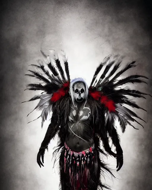 Image similar to wolf - human hybrid mutant ghost - spirit of the grim - warpaint wears the scarlet skull armor and native blood headdress feathers, midnight fog - mist!, dark oil painting colors, realism, cinematic lighting, various refining methods, micro macro autofocus, ultra definition, award winning photo, photograph by ghostwave - gammell - giger - shadowlord