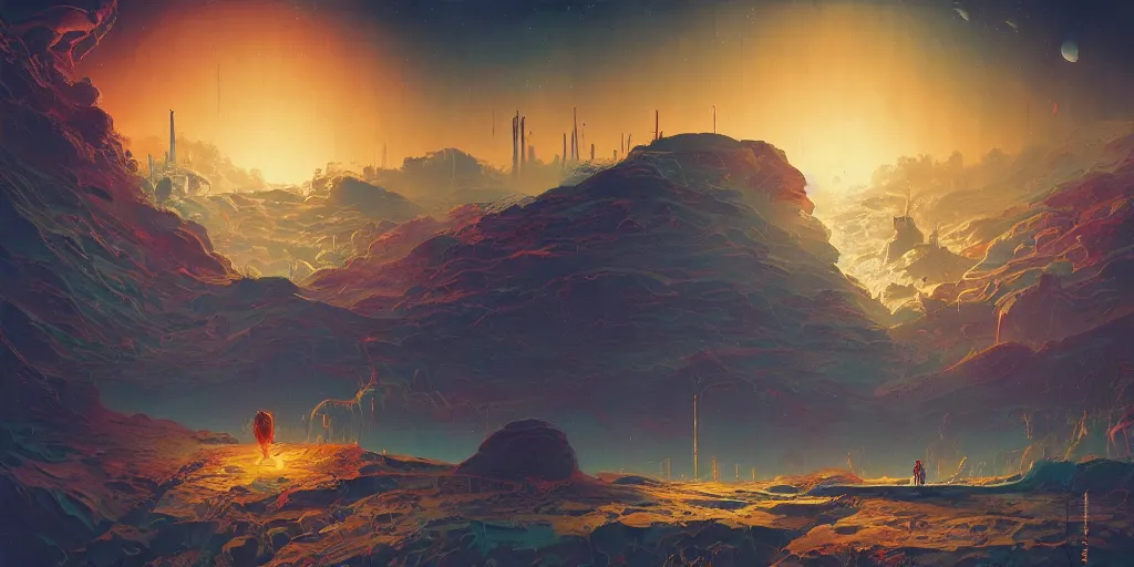 Image similar to pilgrimage to saturn, a highly detailed cinematic oil painting by roger dean and alena aenami, dynamic lighting