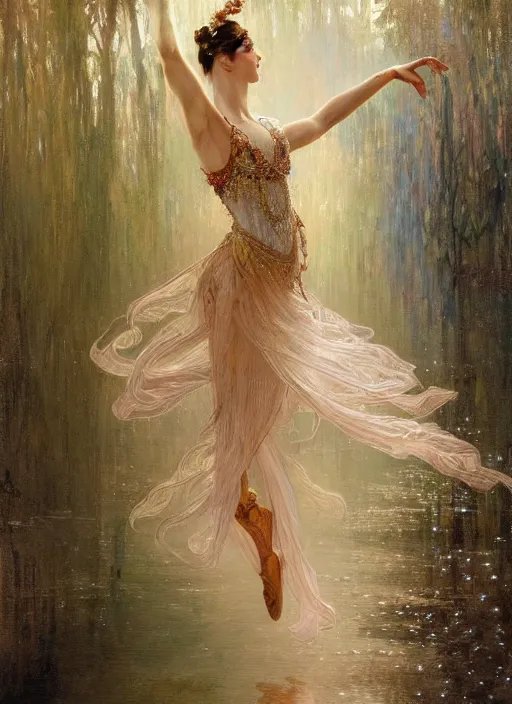 Prompt: a beautifull intricate beads painting of a dancing ballerina, reflexions, verry high details by william turner art, greg rutkowski and alphonse mucha, trending on artstation, very very detailed, masterpiece, muted colors