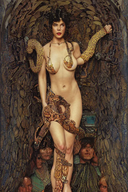 Image similar to full length portrait of serpent woman, by lawrence alma tadema and rick berry and norman rockwell and jason fabok and everett raymond kinstler