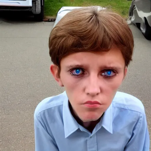 Image similar to serious looking 9 year old boy with googly eyes