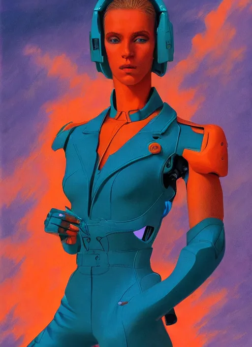 Prompt: symmetry!! dynamic pose! closeup portrait of a cyborg agile girl, high fashion cyborg jumpsuit, shoulder pads, cinematic light, backlight, teal orange, clouds, sunset, by gerald brom, by mikhail vrubel, by peter elson, muted colors, extreme detail, trending on artstation, 8 k
