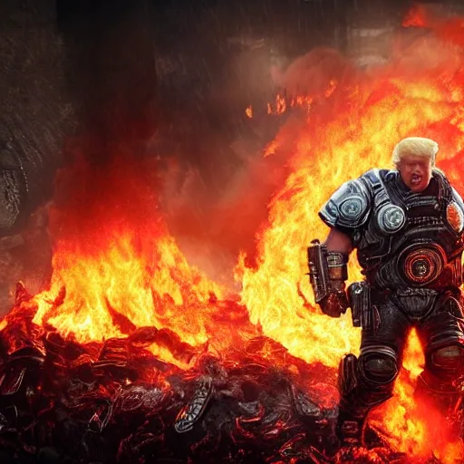 Prompt: Photo portrait of Donald Trump burning in hell!! in Gears of War, splash art, movie still, detailed face, photorealistic facial features, cinematic lighting, dramatic, octane render, long lens, shallow depth of field, bokeh, anamorphic lens flare, 8k, hyper detailed, 35mm film grain