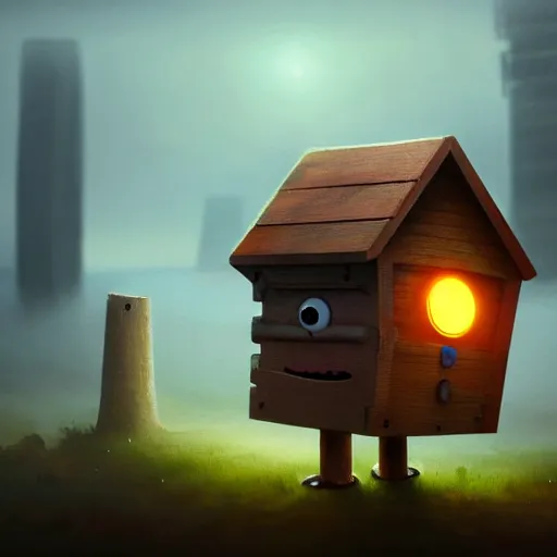 Prompt: a walking small wood house with two mechanical legs and two glowing eyes and a mouth, rust, hyperrealistic, pareidolia, highly detailed, cinematic, single ray of sun, fog, city in background, beautiful, cgssociety, artstation, 8 k, oil painting