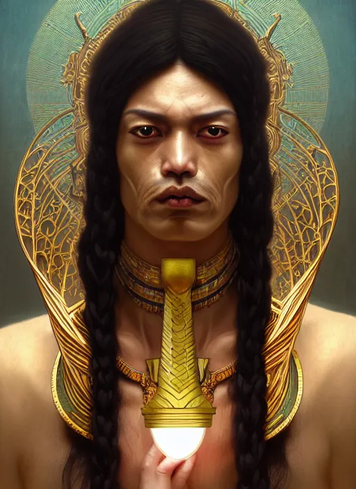 Image similar to angry god shu, bronze skin tone and egyptian wig, pharaoh beard, glowing eyes, volumetric lights, cyan and gold scheme, art nouveau botanicals, gothic, intricate, highly detailed, digital painting, artstation, concept art, smooth, sharp focus, symmetric face, illustration, steampunk, art by artgerm and greg rutkowski and alphonse mucha