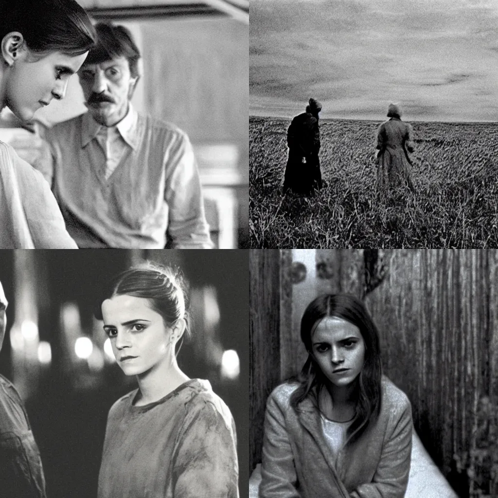 Prompt: An old movie still from Andrei Tarkovsky featuring Emma Watson