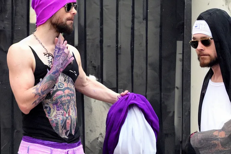 Prompt: jared leto as a white gang member wearing a purple head covering made from a polyester or nylon material and a stained white tank top caught dealing drugs inside a detroit gang trap house, arms covered in gang tattoo, paparazzi, leaked footage, uncomfortable, bad quality