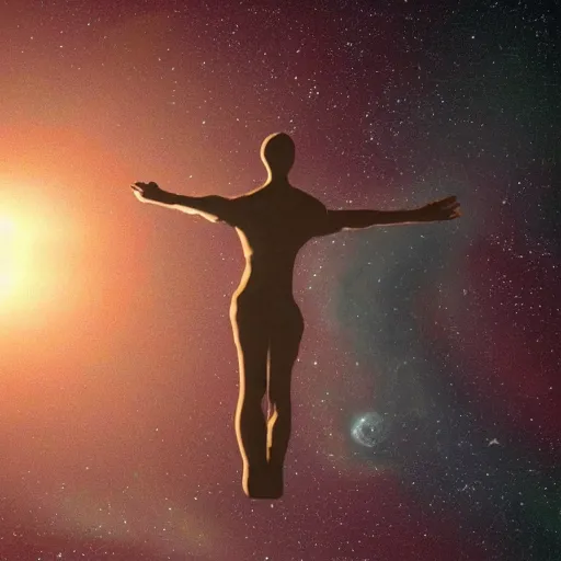 Prompt: giant figure in the sky overwatching earth