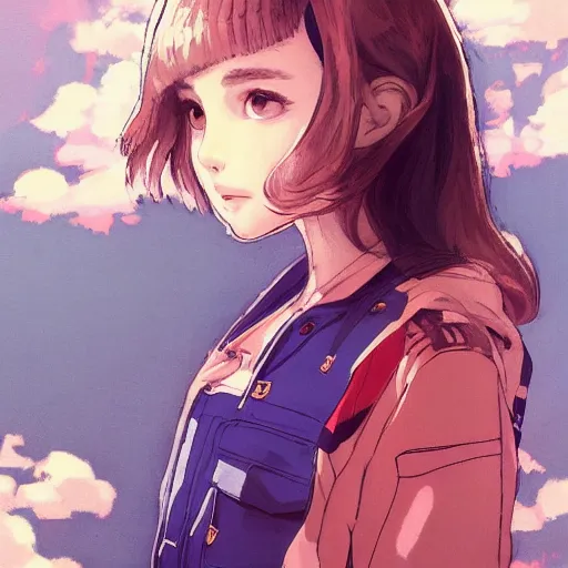 Image similar to a beautiful! boyish! natalie portman alluring gravure! model, wearing oversized mayan bomber jacket and leotard with overalls, bulky poofy bomber jacket with mayan patterns, gapmoe yandere grimdark, trending on pixiv fanbox, painted by greg rutkowski makoto shinkai takashi takeuchi studio ghibli, akihiko yoshida