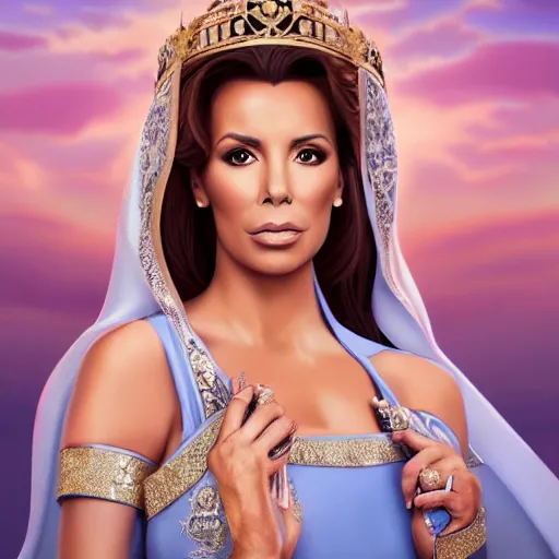 Image similar to a portrait of eva longoria as an arabian princess in a disney movie, crown!! oil painting, pale colors, high detail, 8 k, wide angle, trending on artstation,