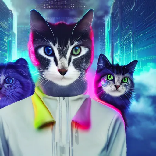 Image similar to colorful cyberpunk cat with 2 heads walking on clouds, realistic, 4 k