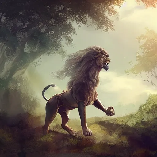 Image similar to girl riding a giant lion in the forest, trending on artstation