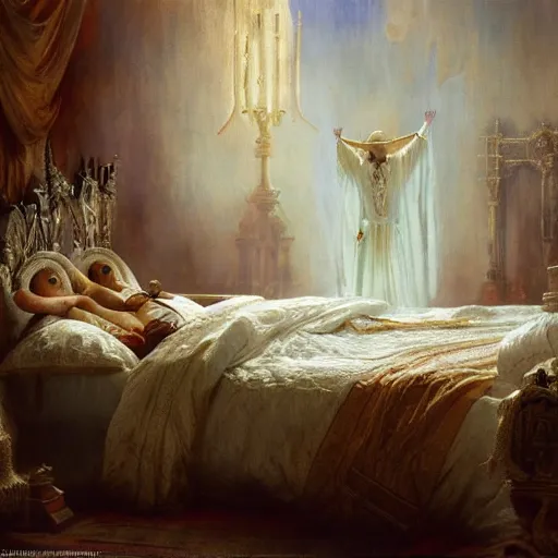 Image similar to the catholic pope in his bed, scared, because a horned demon is attacking the pope. highly detailed painting by gaston bussiere, greg rutkowski, craig mullins 8 k