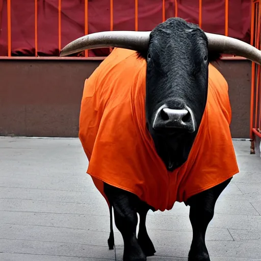 Prompt: bull in a bullring wearing orange inmate clothes