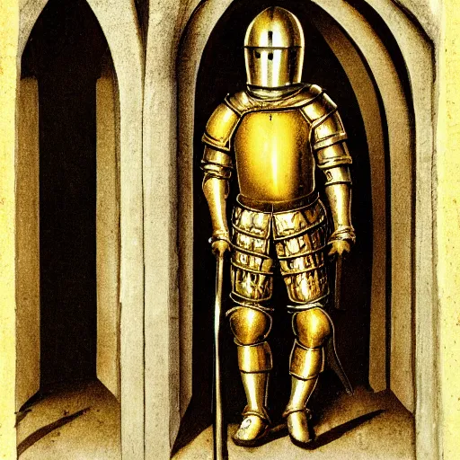 Prompt: medieval knight wearing golden armor standing in a large empty decrepit Gothic cathedral