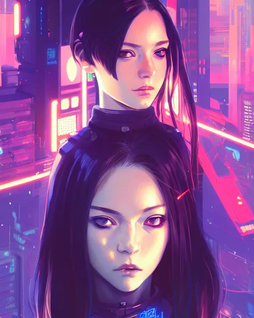 Image similar to a comic potrait of a cyberpunk cyborg girl with big and cute eyes, fine - face, realistic shaded perfect face, fine details. night setting. very anime style. realistic shaded lighting poster by ilya kuvshinov katsuhiro, magali villeneuve, artgerm, jeremy lipkin and michael garmash, rob rey and kentaro miura style, trending on art station