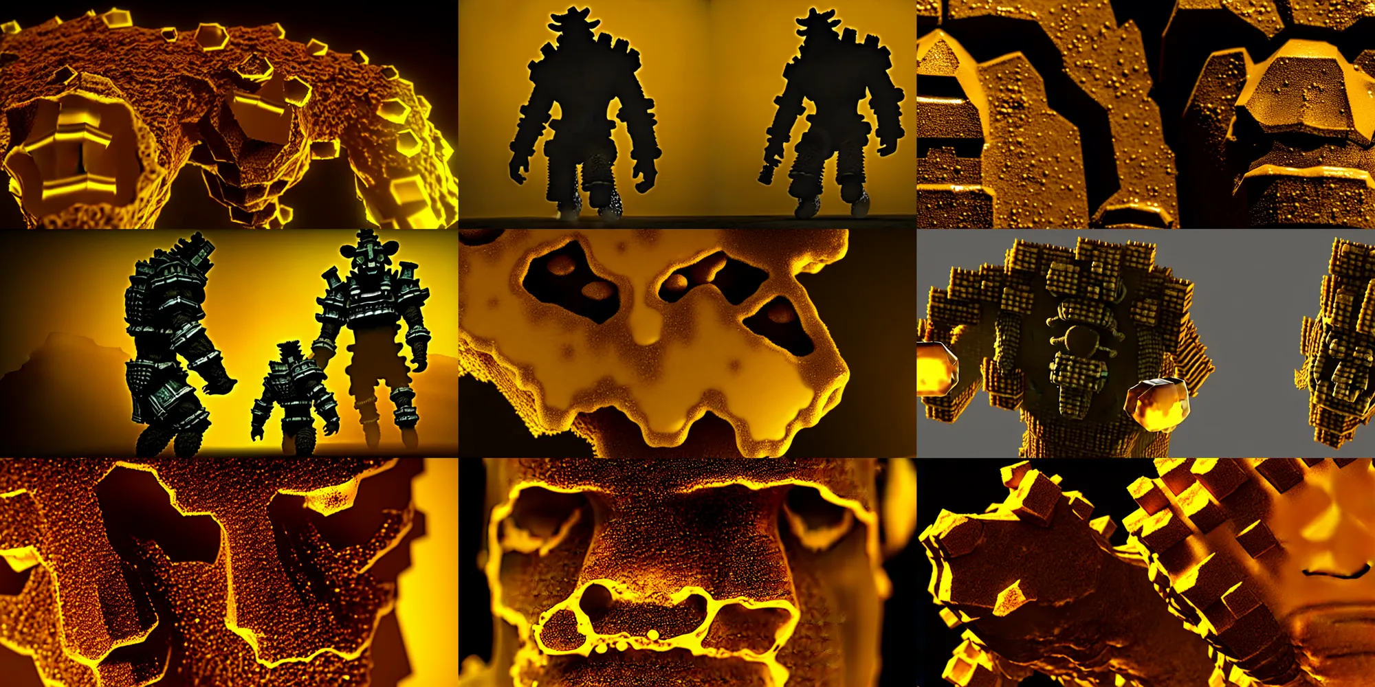 Prompt: shadow of the colossus made of honey, subsurface scattering, liquid pouring