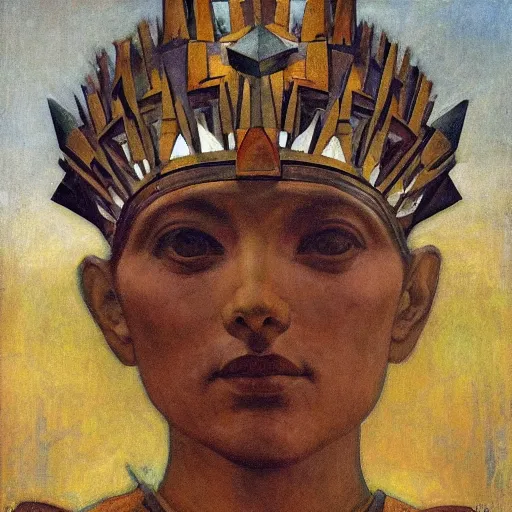 Prompt: the iron crown, by Annie Swynnerton and Nicholas Roerich and Diego Rivera, glowing skin, elaborate costume, geometric ornament, symbolist, rich color, dramatic cinematic lighting, smooth, sharp focus, extremely detailed