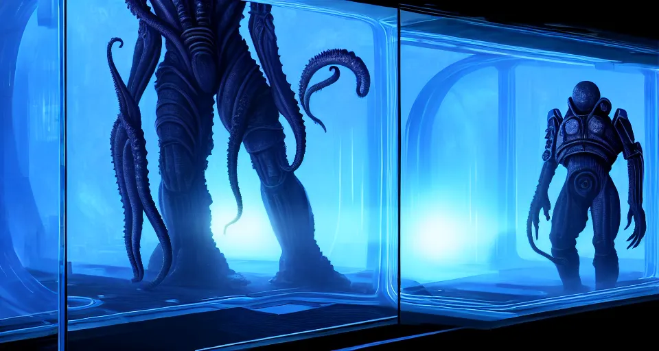 Prompt: closeup macro over the shoulder shot a mass effect soldier standing near a cthulhu lovecraft alien monster trapped inside a large transparent bioshock science fiction glass containment chamber filled with blue liquid in a furnished mass effect science fiction spaceship laboratory, dramatic lighting, octane, red led lights, lens flare, trending on artstation, mist, mass effect, volumetric lighting