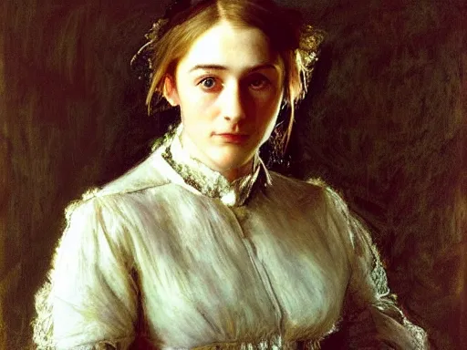 Image similar to a true-to-life portrait of Saoirse Ronan painted by John Everett Millais