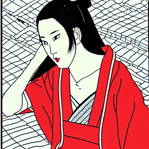 Image similar to Portrait of a beautiful Japanese woman by Toshio Saeki, high detailed