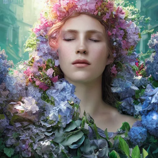 Prompt: a beautiful fine art RPG portrait photo of a sleeping cyborg robot, spread out wavy hair covered by by hibiscus, daffodils, hydrangea, montsera leaves by vladislav ociacia and tom bagshaw, soft studio lighting, 50mm lens, very detailed, bionic, robotic, deep depth of field, artstation, 4K