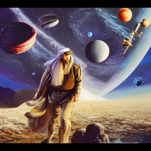 Image similar to painting of ian mckellen as osama bin laden fighting an alien invasion in deep space by creatures from jupiter, arial shot, highly detailed, award painting, 8 k, alien landscape