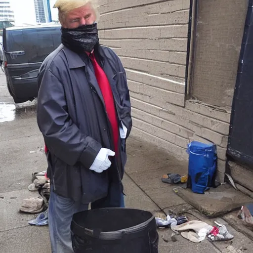 Image similar to donald trump dressed as a homeless man living in the slums