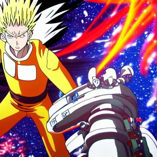 Prompt: saitama\'s punch in space creating portal to a new dimension, high quality anime