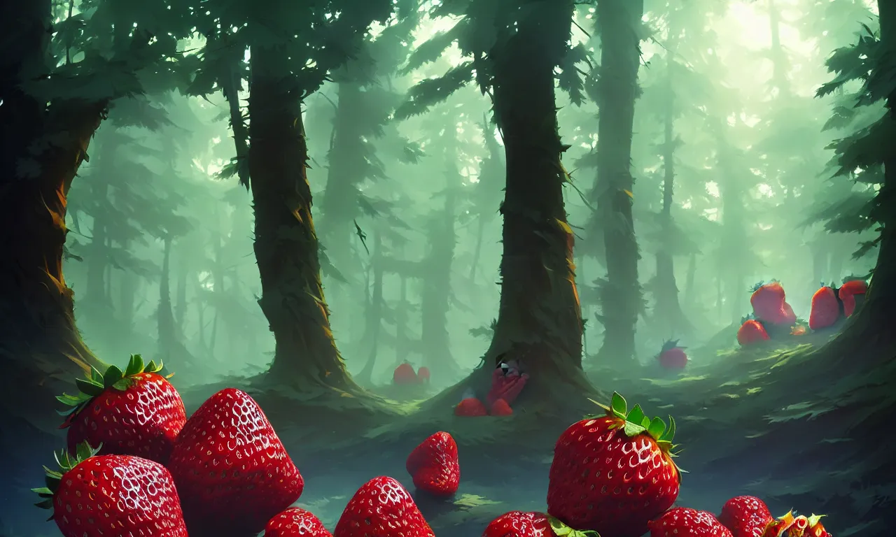 Image similar to Dark forest large strawberries, behance hd by Jesper Ejsing, by RHADS, Makoto Shinkai and Lois van baarle, ilya kuvshinov, rossdraws global illumination