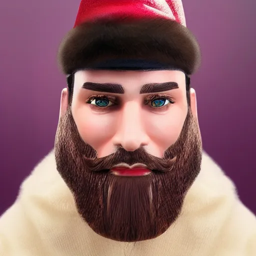 Image similar to strong attractive man face symettry brown beard with christmas hat masculine traits brown hair purple eyes clean skin ultra realistic highly detailed highly realistic 8 k photo realistic