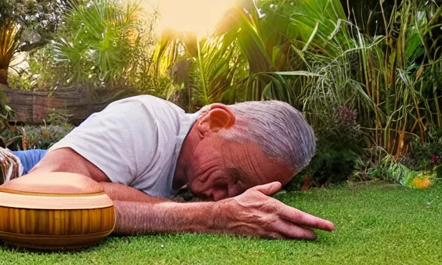 Image similar to My dad just took a hit from the bongo and have good time being gracefully relaxed in the garden, sunset lighting